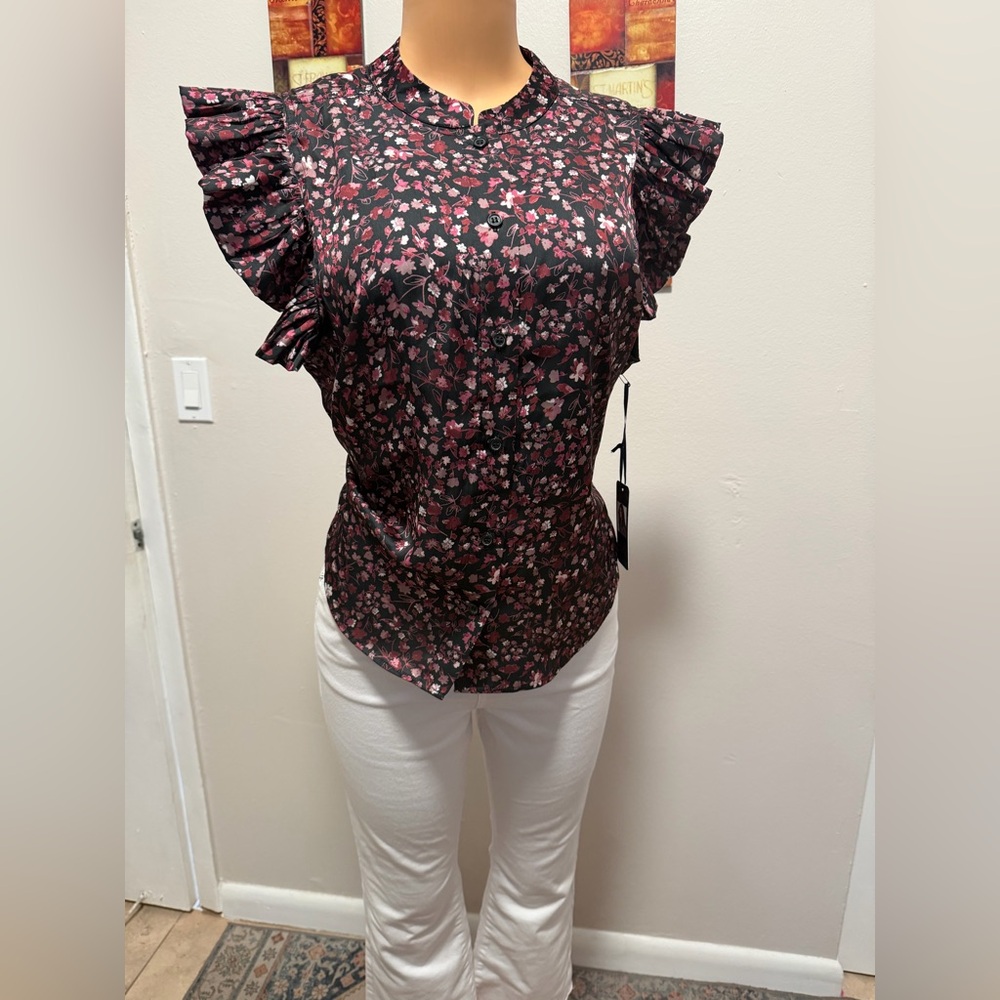 NWT RACHEL FLORAL  Ruffle Sleeve Women's Top SIZE L